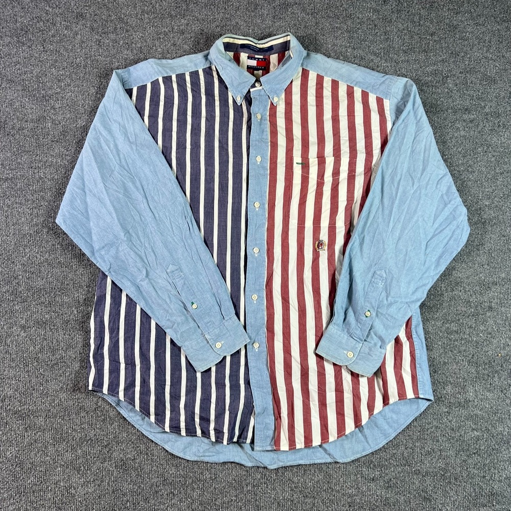 VTG Tommy Hilfiger Shirt Mens XL Multicolor Striped Cotton Button Front Preppy